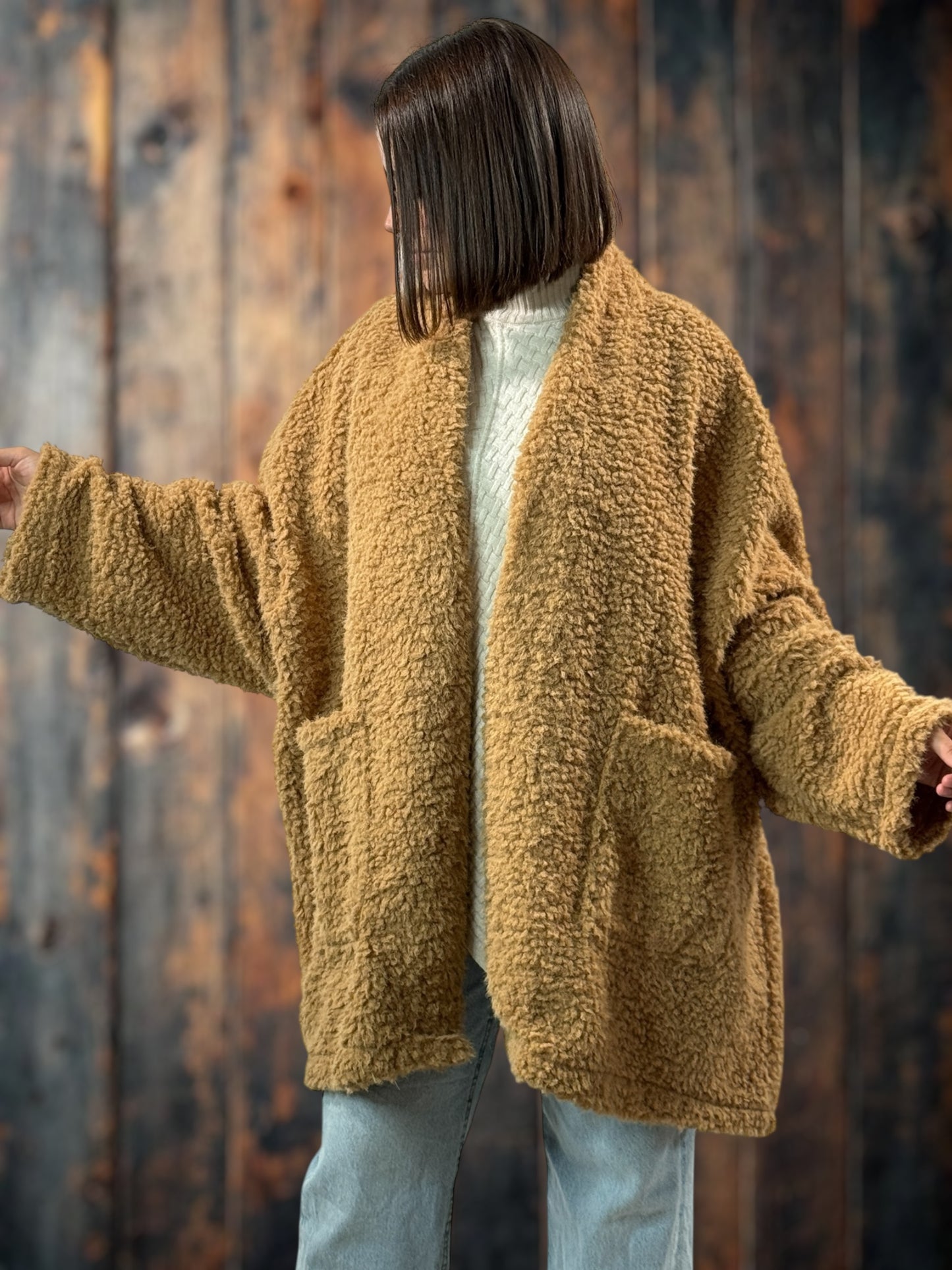 LILIROSE - VESTE OVERSIZE CAMEL EN MOUMOUTE JUSQU'A LA TAILLE 56