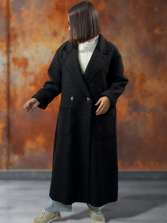 JULIEN - LONG MANTEAU NOIR EN BOUCLETTE JUSQU'A LA TAILLE 50/52