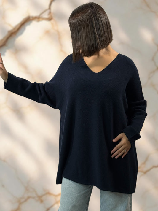 LARA - PULL OVERSIZE MARINE JUSQU'A LA TAILLE 54
