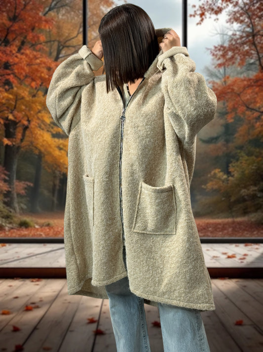OCEANE - VESTE OVERSIZE BEIGE A CAPUCHE JUSQU'A LA TAILLE 54/56