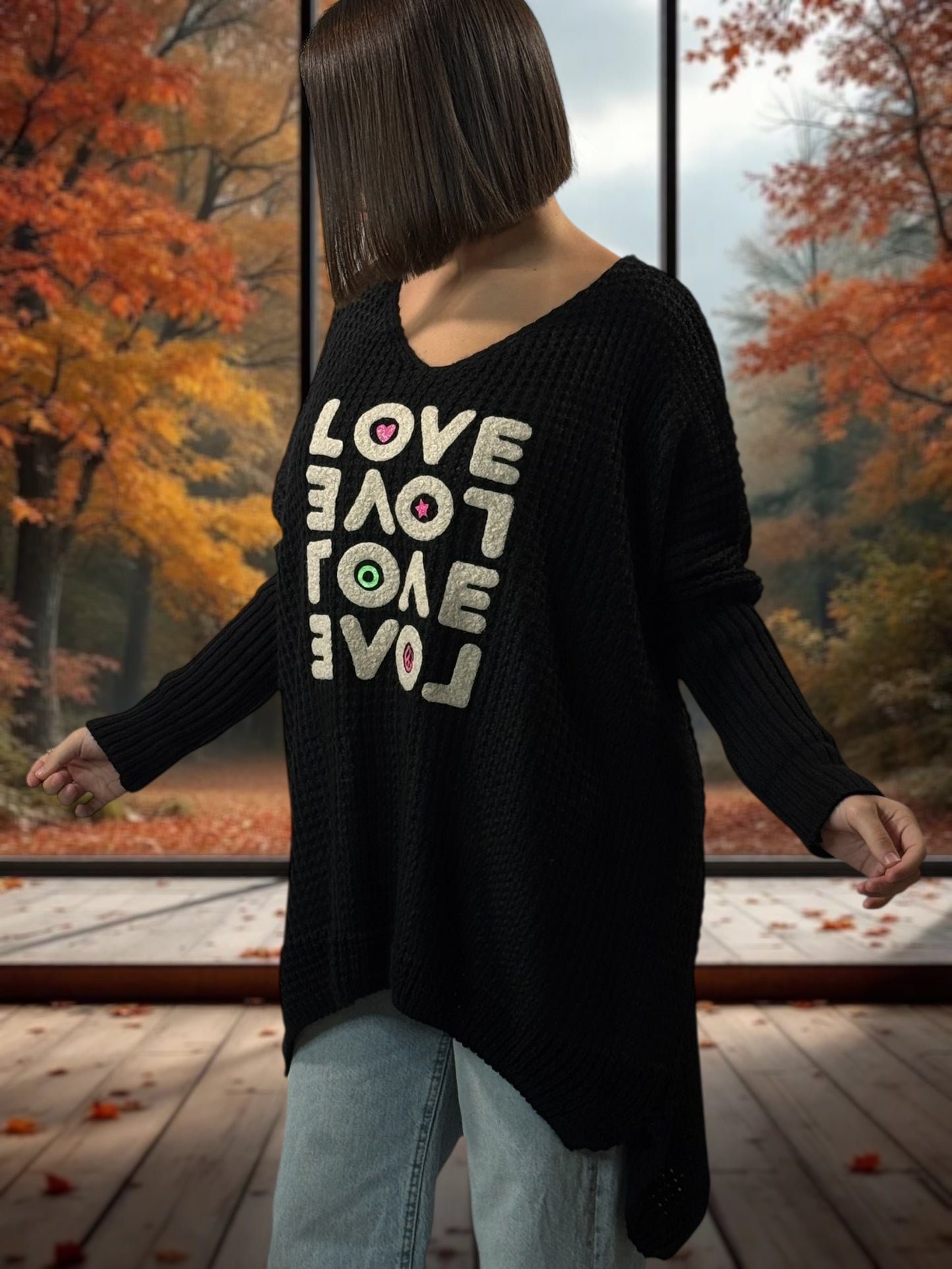 LOVELY - PULL OVERSIZE NOIR JUSQU'A LA TAILLE 56/58