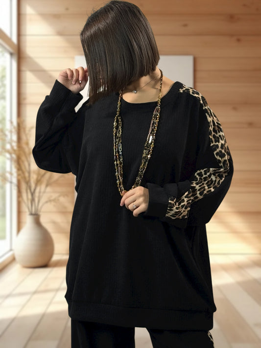 FILIPO - ENSEMBLE NOIR EN VELOURS BANDE LEOPARD JUSQU'A LA TAILLE 52/54