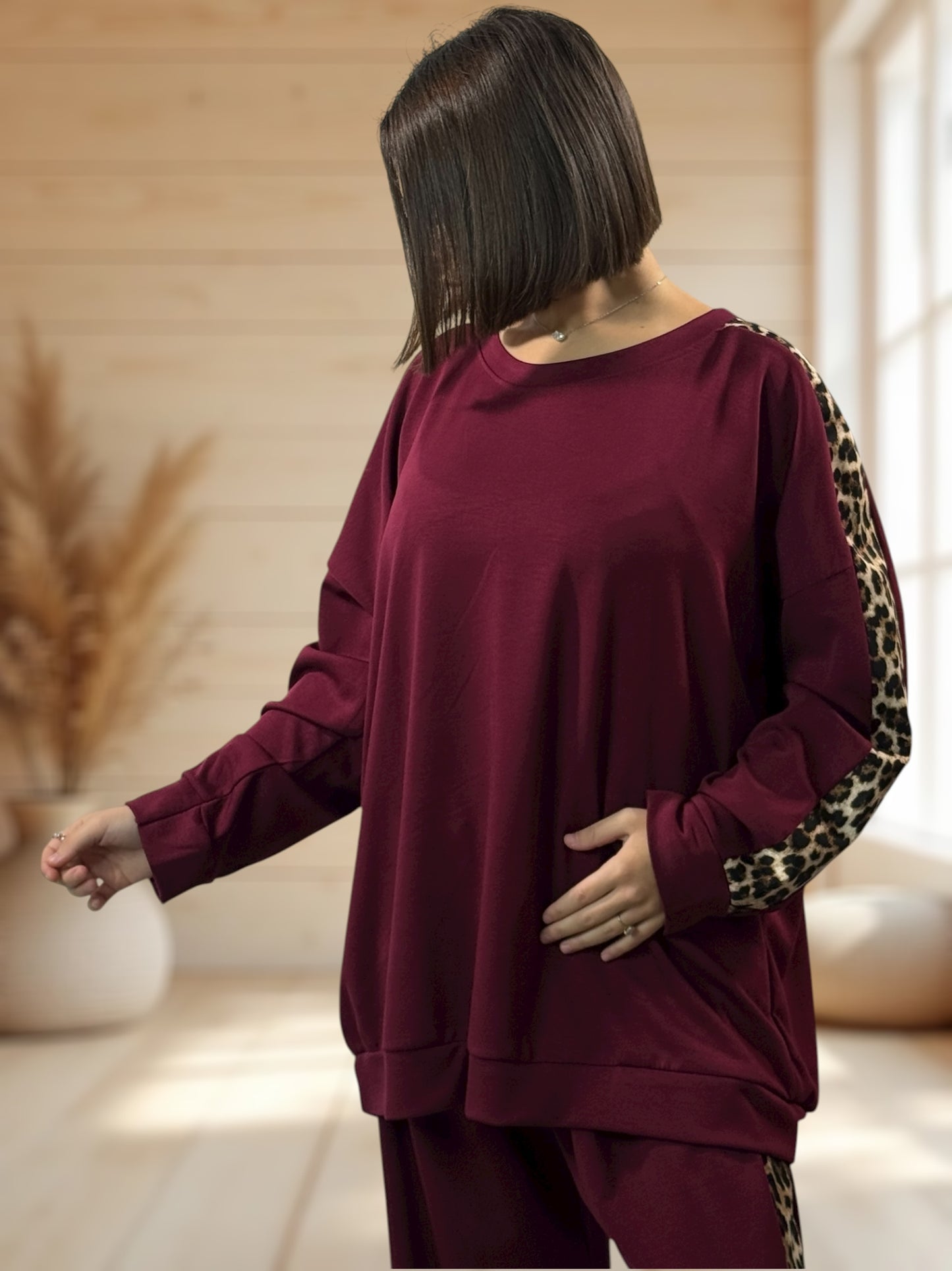 LEONARDO - ENSEMBLE BORDEAUX BANDE LEOPARD JUSQU'A LA TAILLE 52/54
