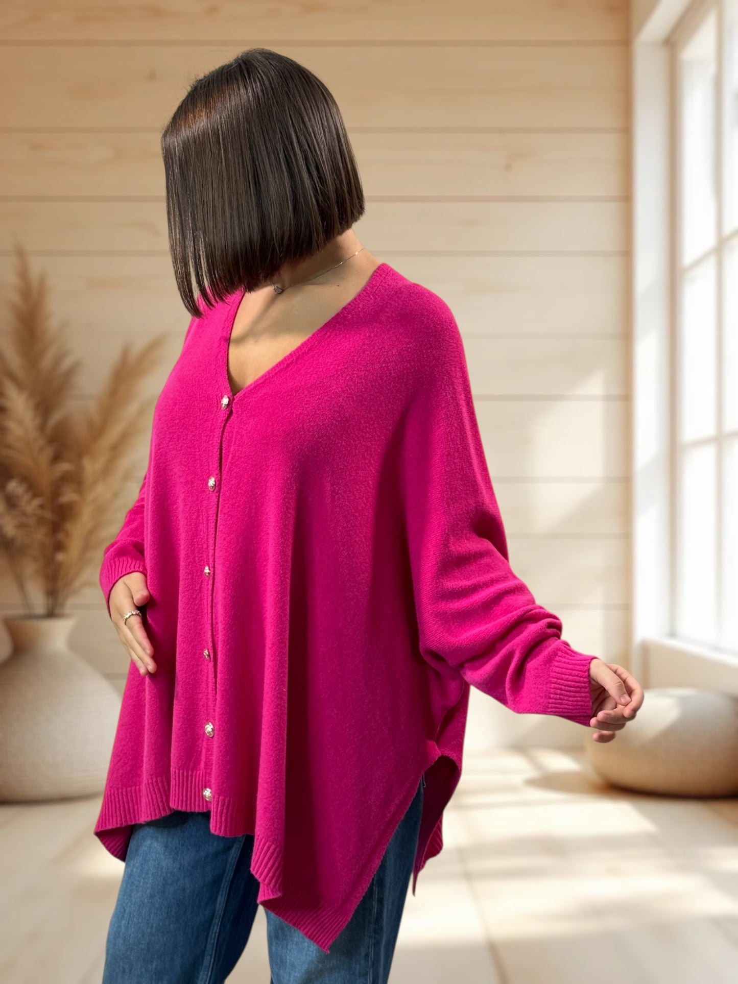 MATHILDE - GILET OVERSIZE FUCHSIA JUSQU'A LA TAILLE 56/58