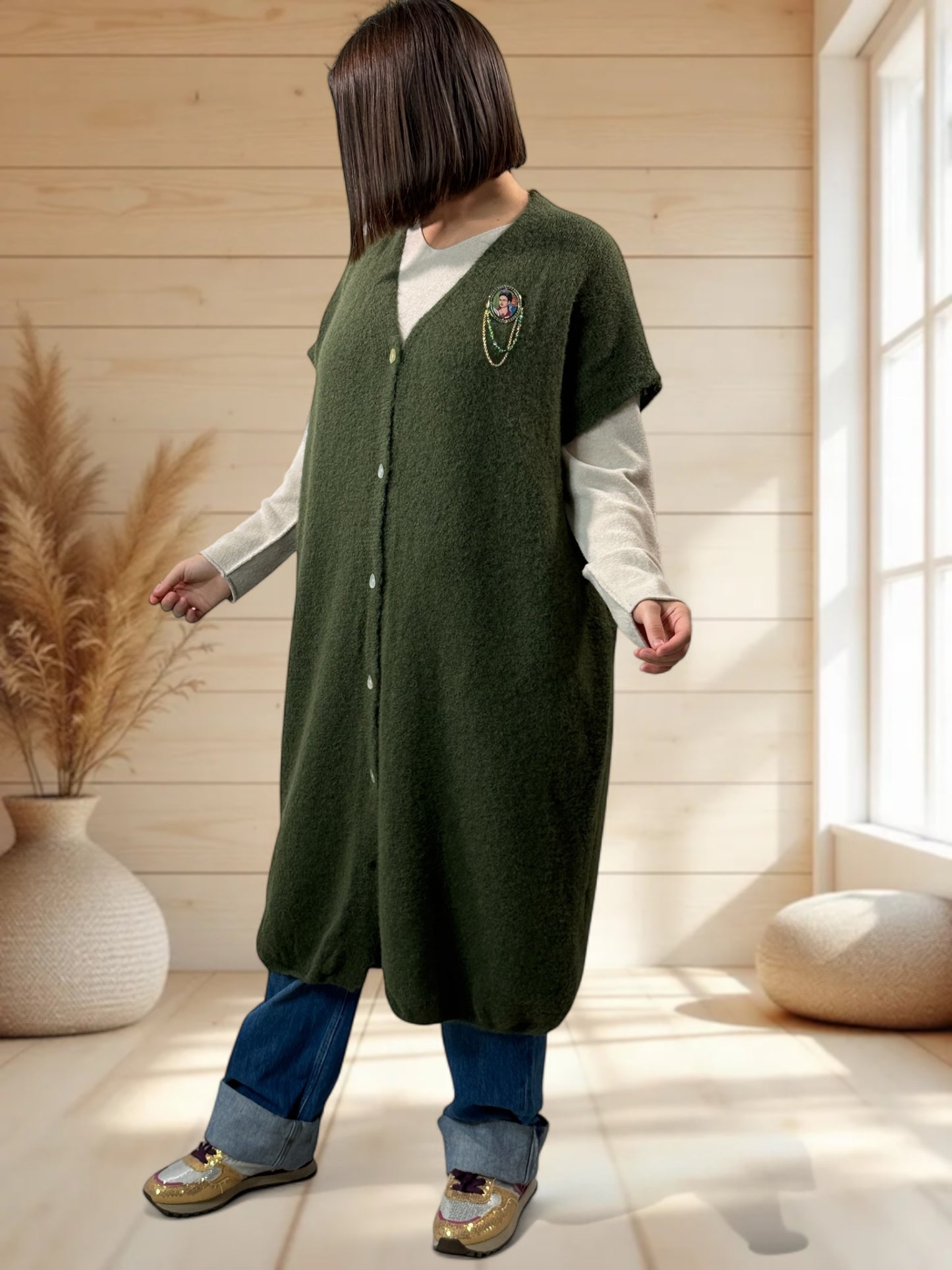 UGO - LONG GILET OVERSIZE KAKI JUSQU'A LA TAILLE 56/58