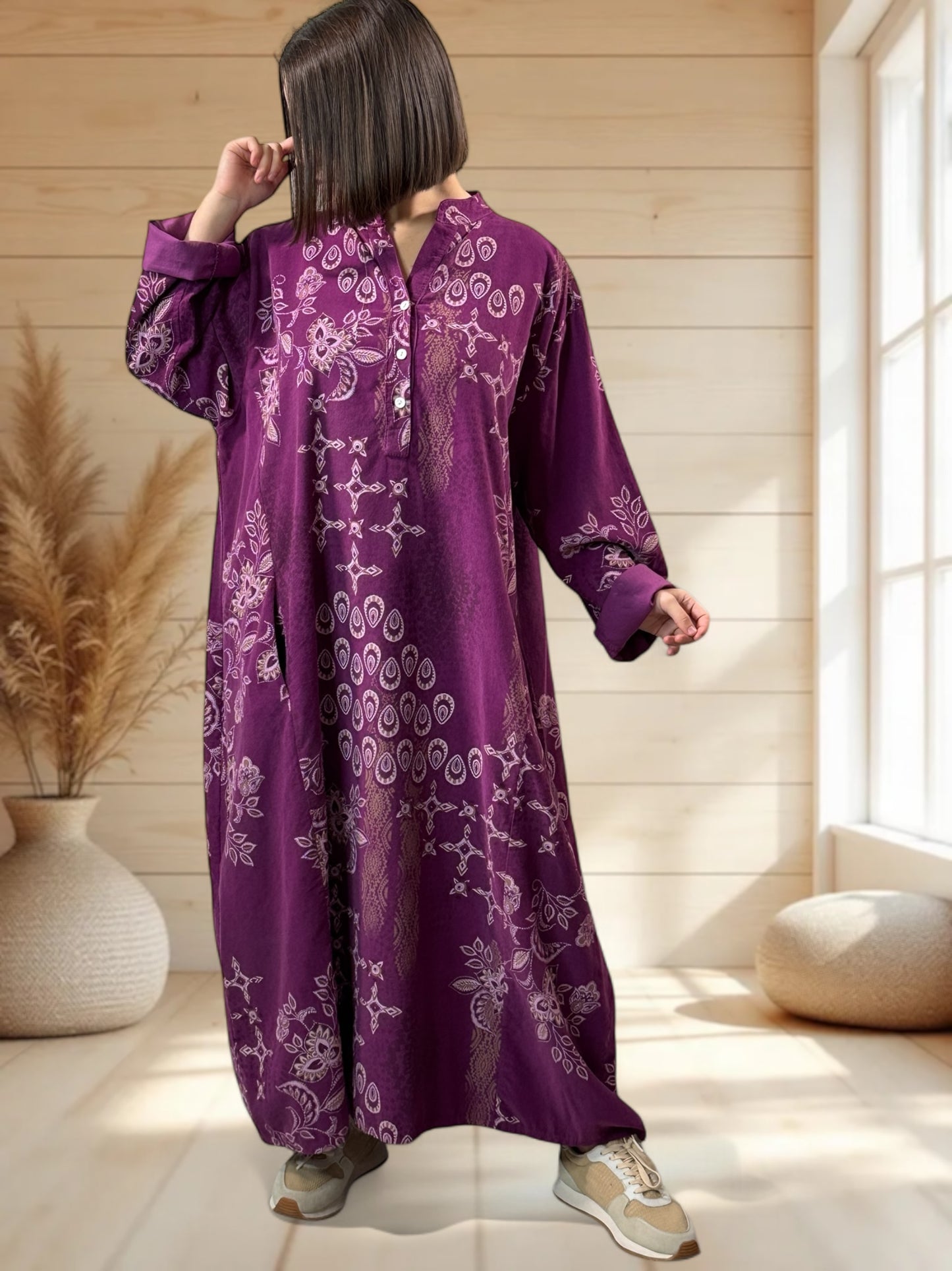 VERONE - ROBE CYCLAMEN A MOTIF EN VELOURS JUSQU'A LA TAILLE 52