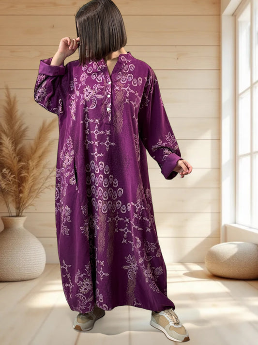 VERONE - ROBE CYCLAMEN A MOTIF EN VELOURS JUSQU'A LA TAILLE 52