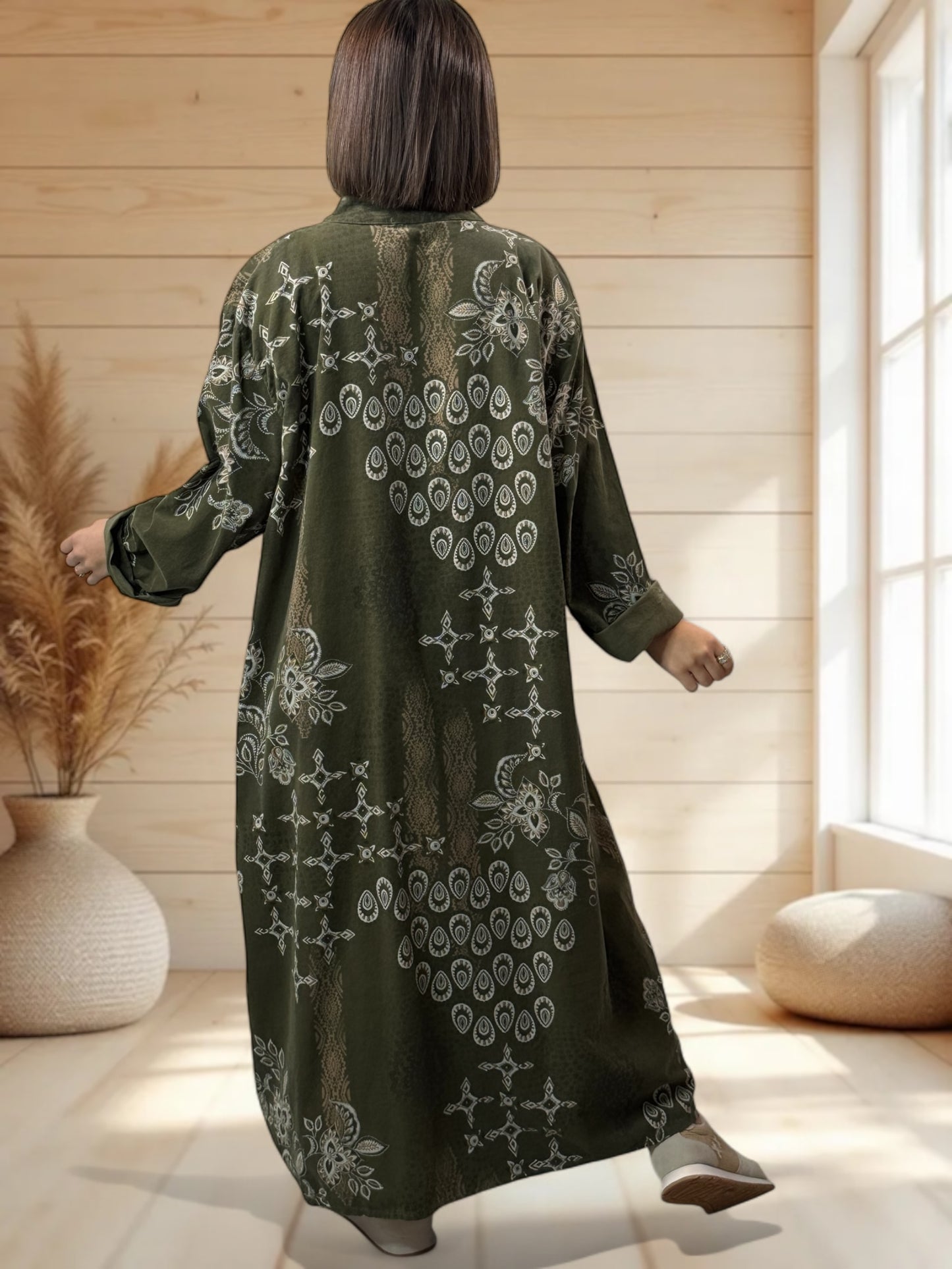 VERONE - ROBE KAKI A MOTIF EN VELOURS JUSQU'A LA TAILLE 52