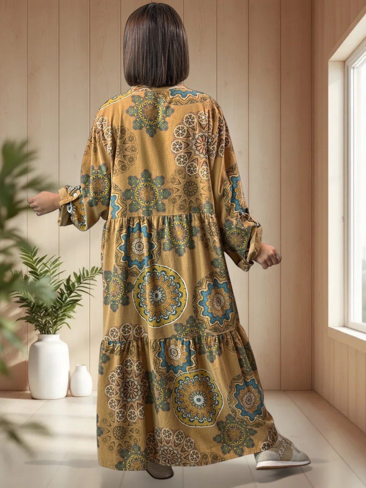 VANINA - ROBE CAMEL A MOTIF EN VELOURS JUSQU'A LA TAILLE 52