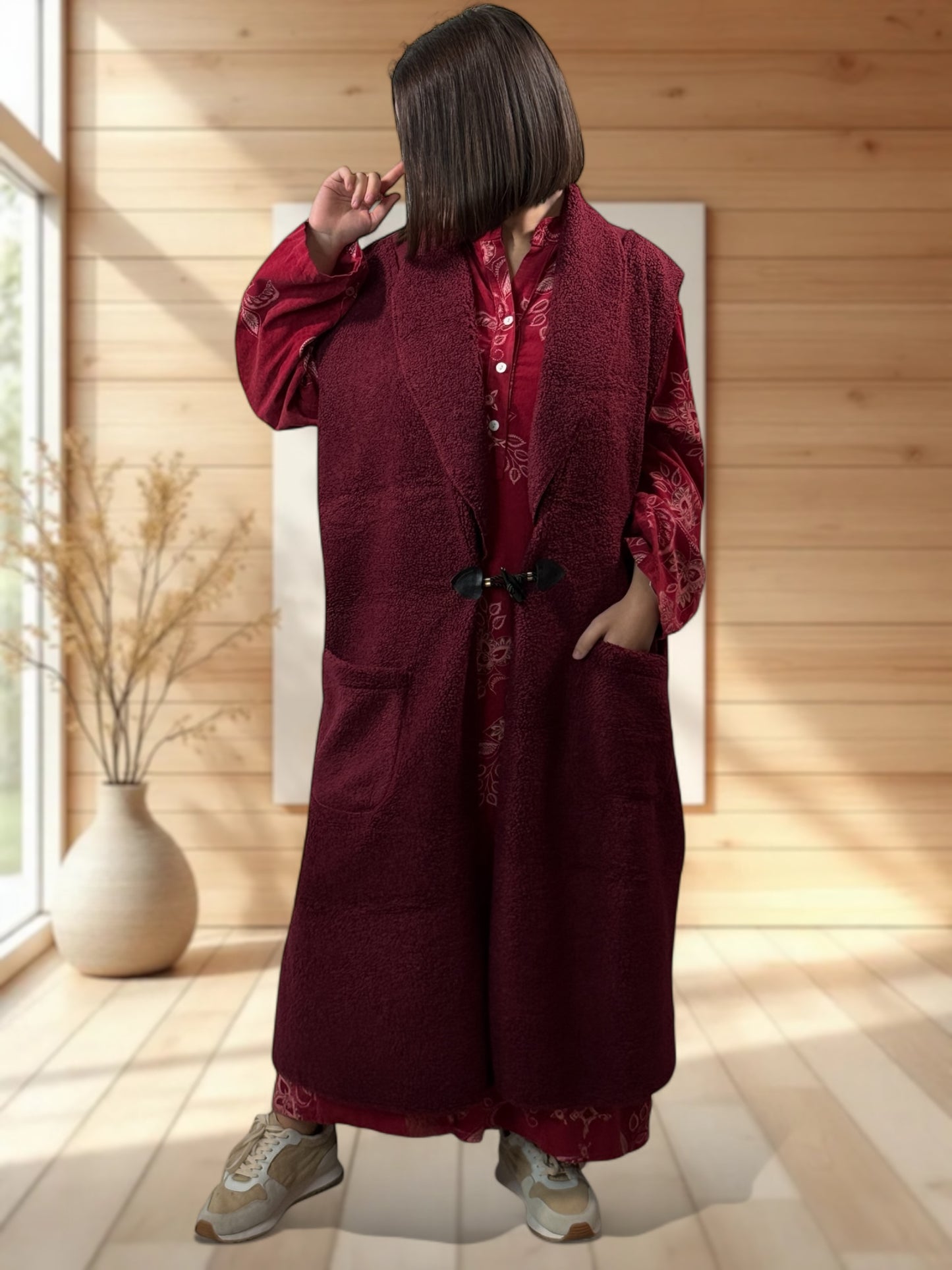 MAUD - GILET BORDEAUX SANS MANCHES JUSQU'A LA TAILLE 54/56