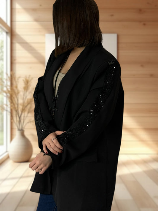 TINA - BLAZER NOIR BANDE EN SEQUINS SUR LES EPAULES JUSQU'A LA TAILLE 52