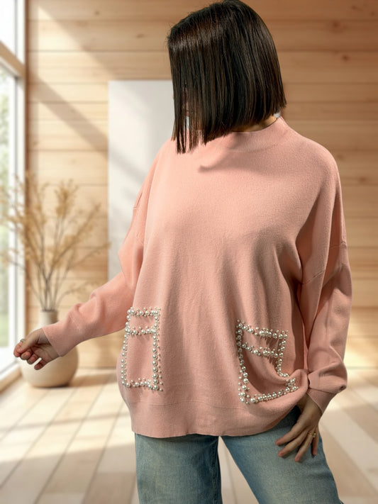 BERENICE - PULL ROSE AVEC PERLE JUSQU'A LA TAILLE 50/52