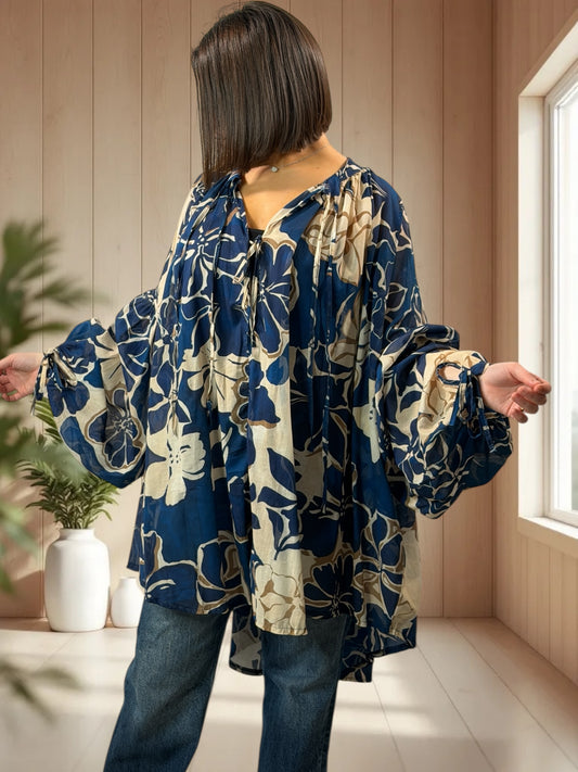 VICTORINE - TUNIQUE OVERSIZE EN COTON MOTIF MARINE JUSQU'A LA TAILLE 60