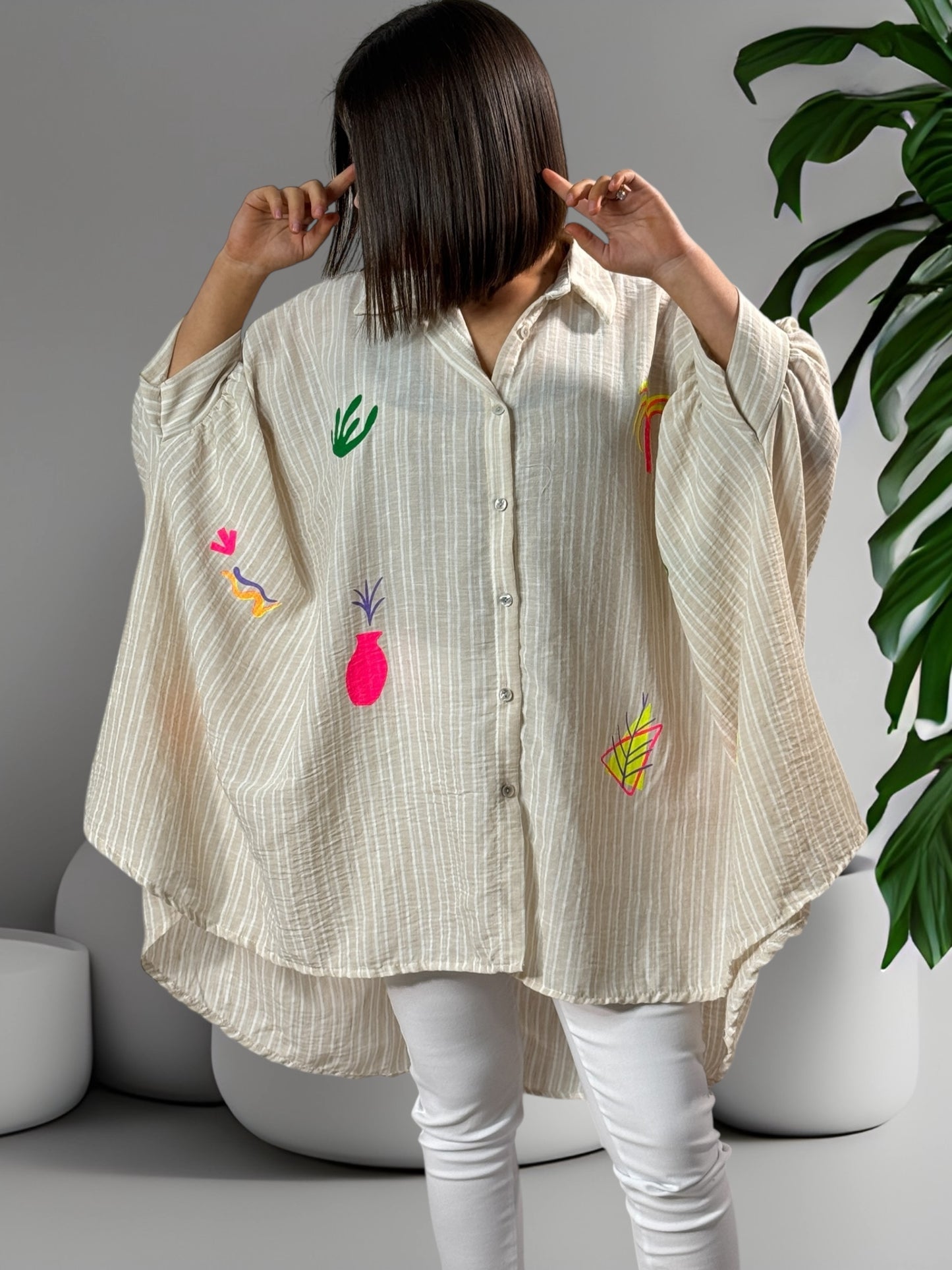 PAMPELONNE - TUNIQUE OVERSIZE A RAYURE BEIGE JUSQU'A LA TAILLE 56