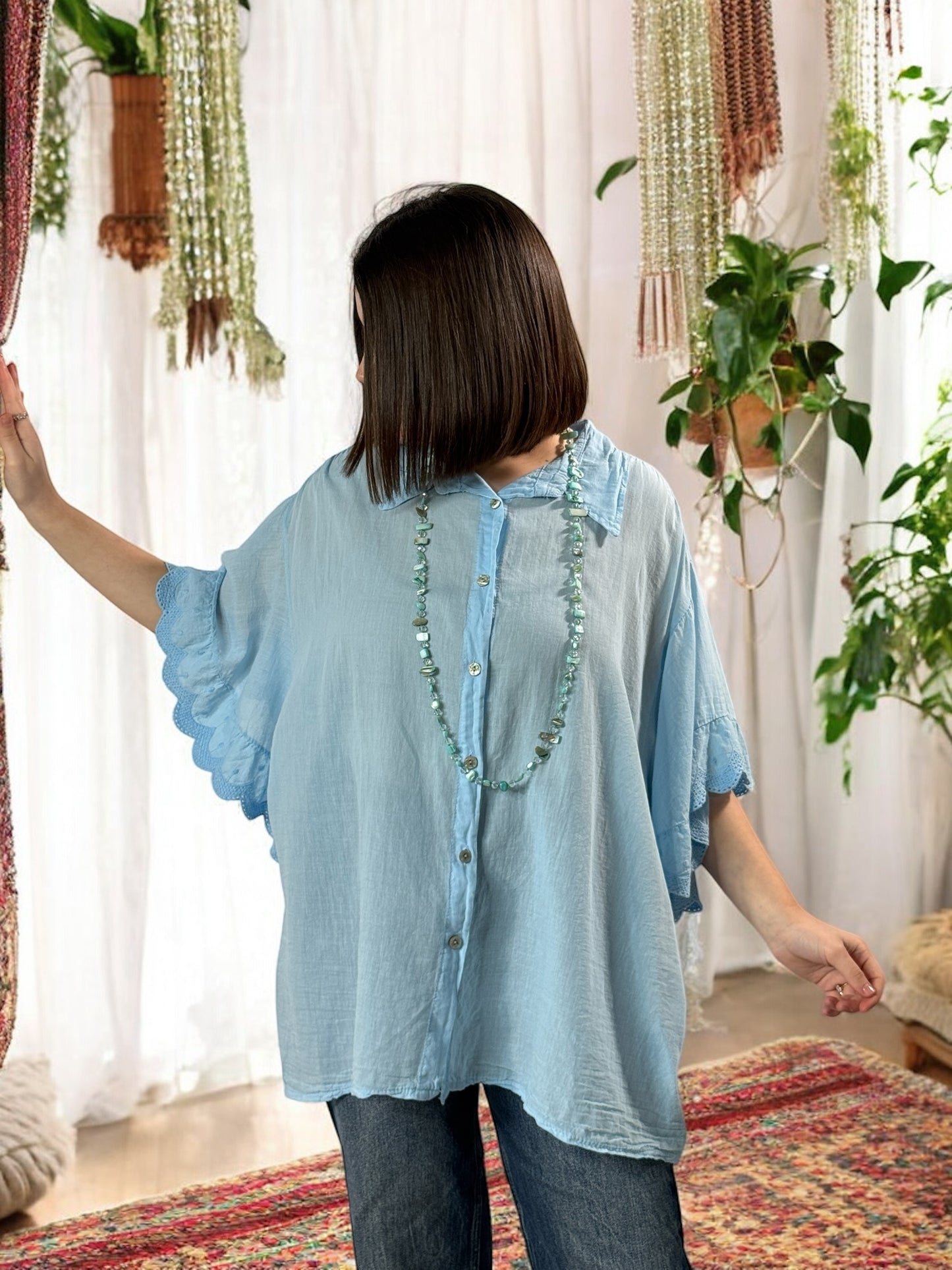 ANASTASIA - BLOUSE OVERSIZE BLEU CIEL EN COTON JUSQU'A LA TAILLE 52/54