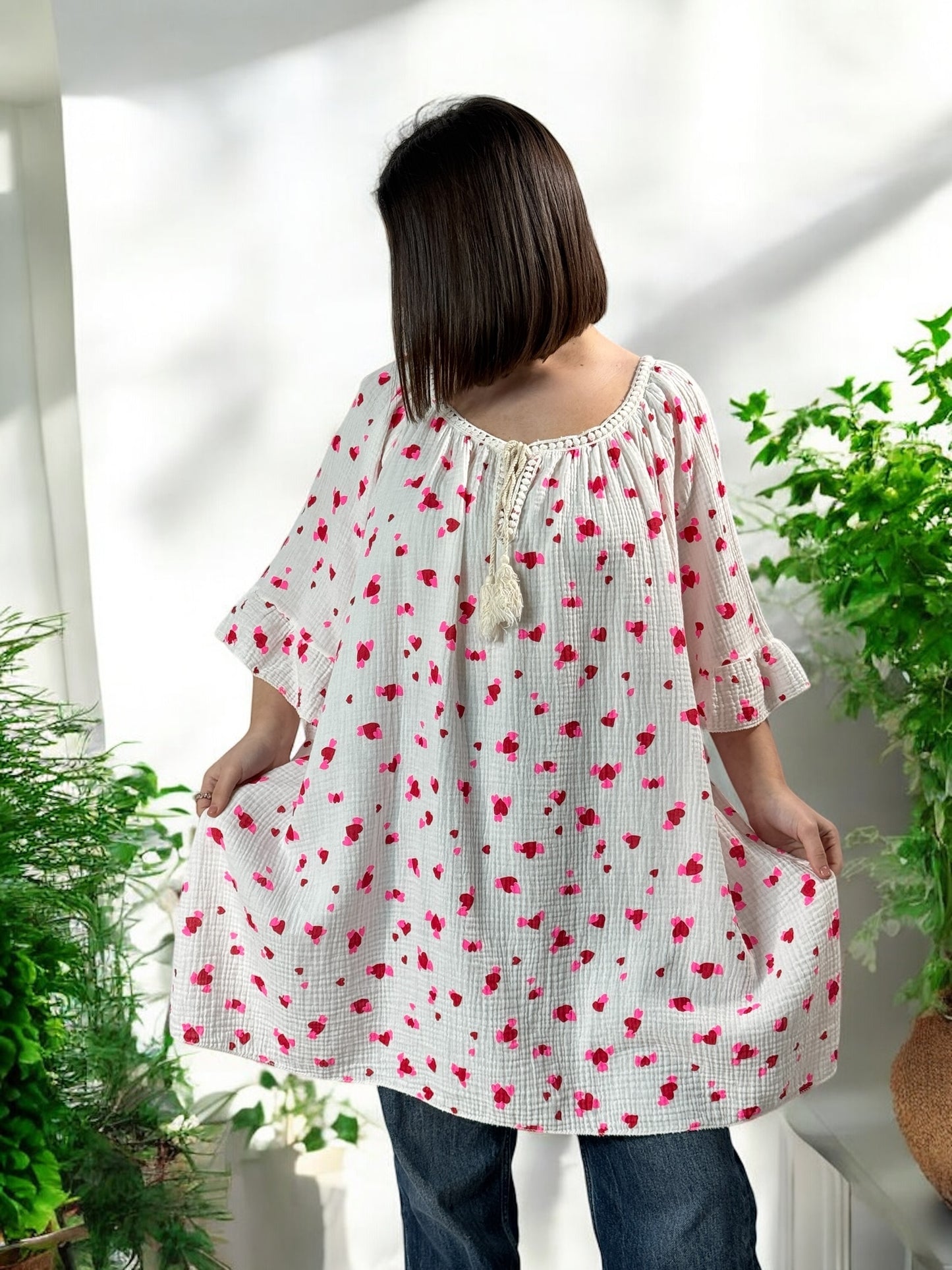 LUCIA - BLOUSE OVERSIZE COEUR ROUGE EN COTON JUSQU'A LA TAILLE 56