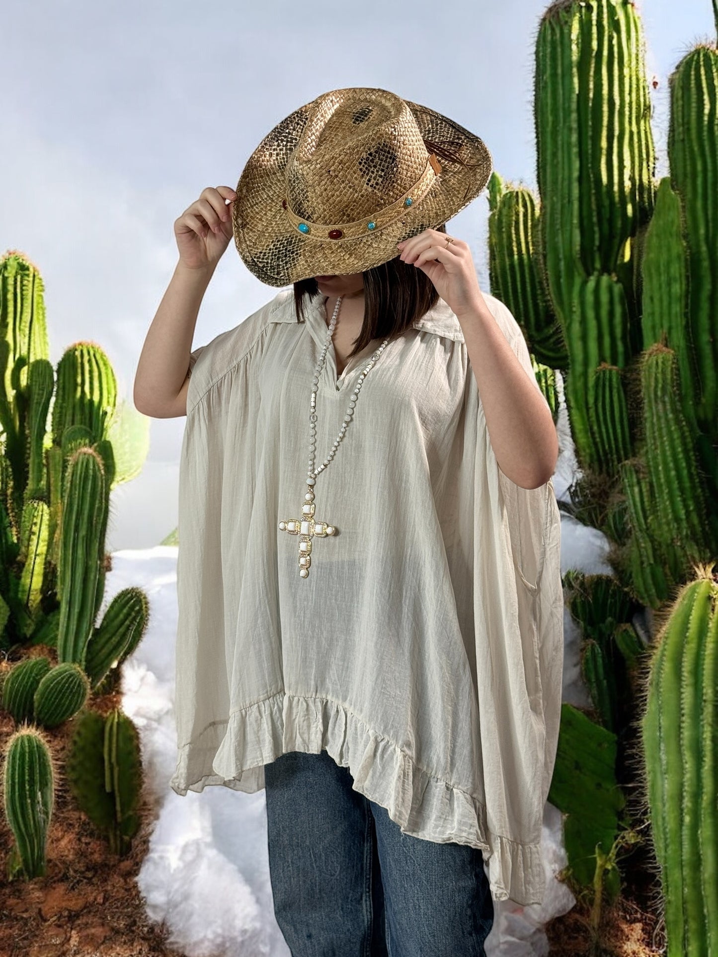 SERENA - BLOUSE BEIGE OVERSIZE EN COTON JUSQU'A LA TAILLE 56