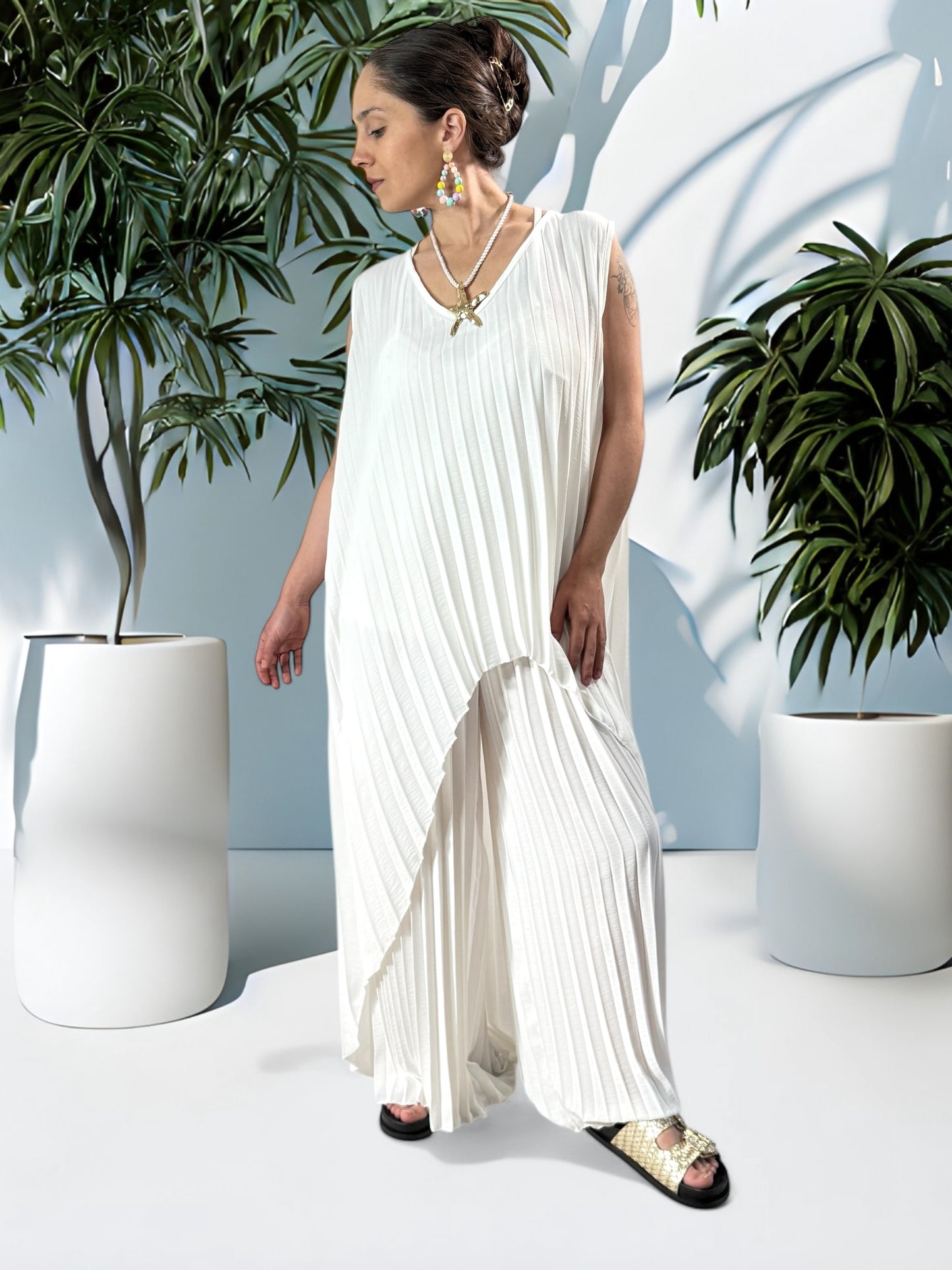 COCKTAIL - ENSEMBLE BLANC TUNIQUE ET PANTALON OVERSIZE JUSQU'A LA TAILLE 56