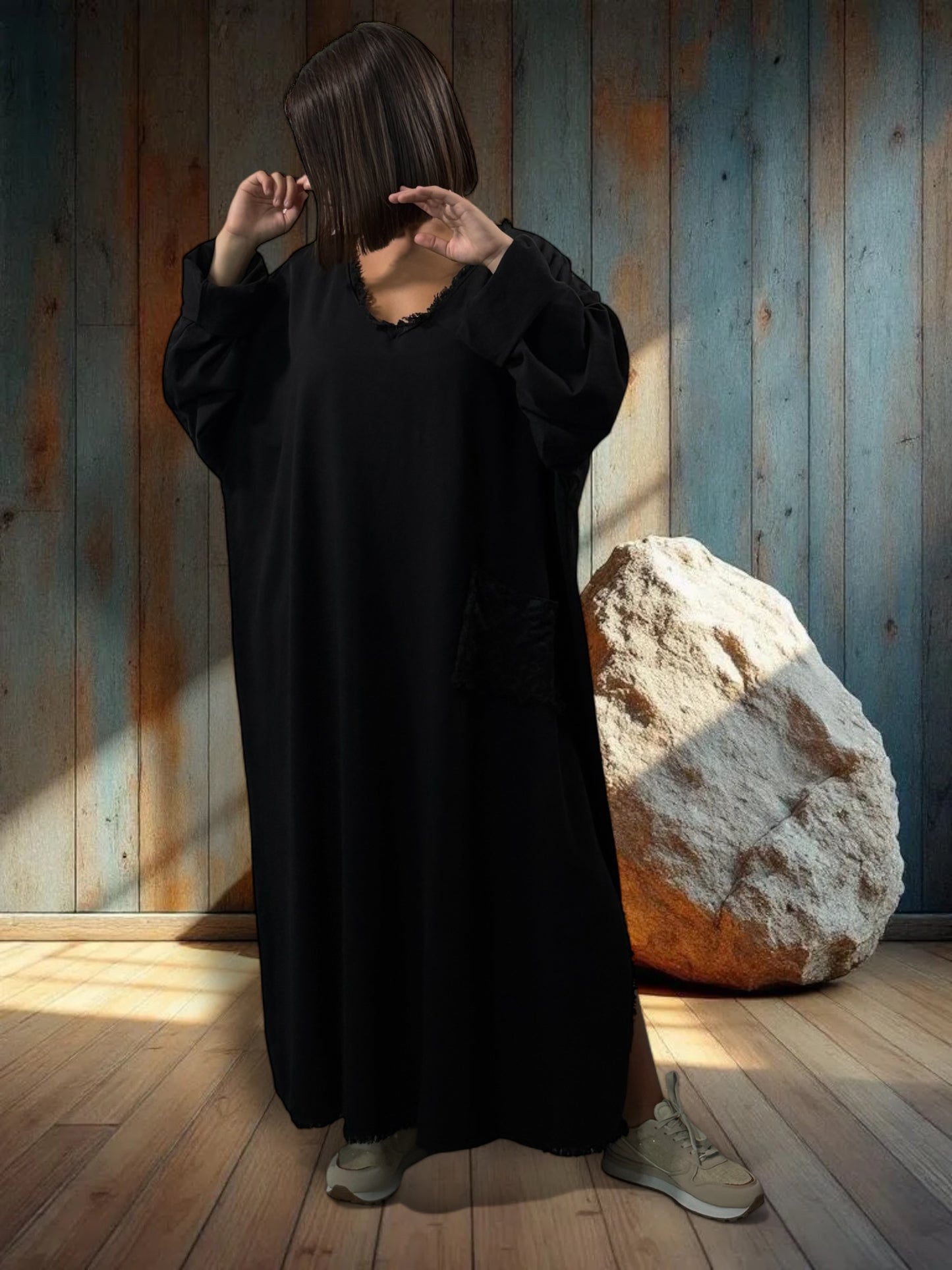 SALOME - ROBE OVERSIZE NOIR POCHE LEOPARD JUSQU'A LA TAILLE 58
