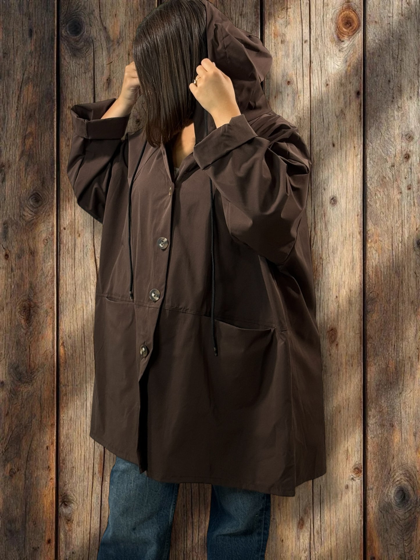 DORIAN - VESTE TRENCH MARRON OVERSIZE A CAPUCHE JUSQU'A LA TAILLE 56