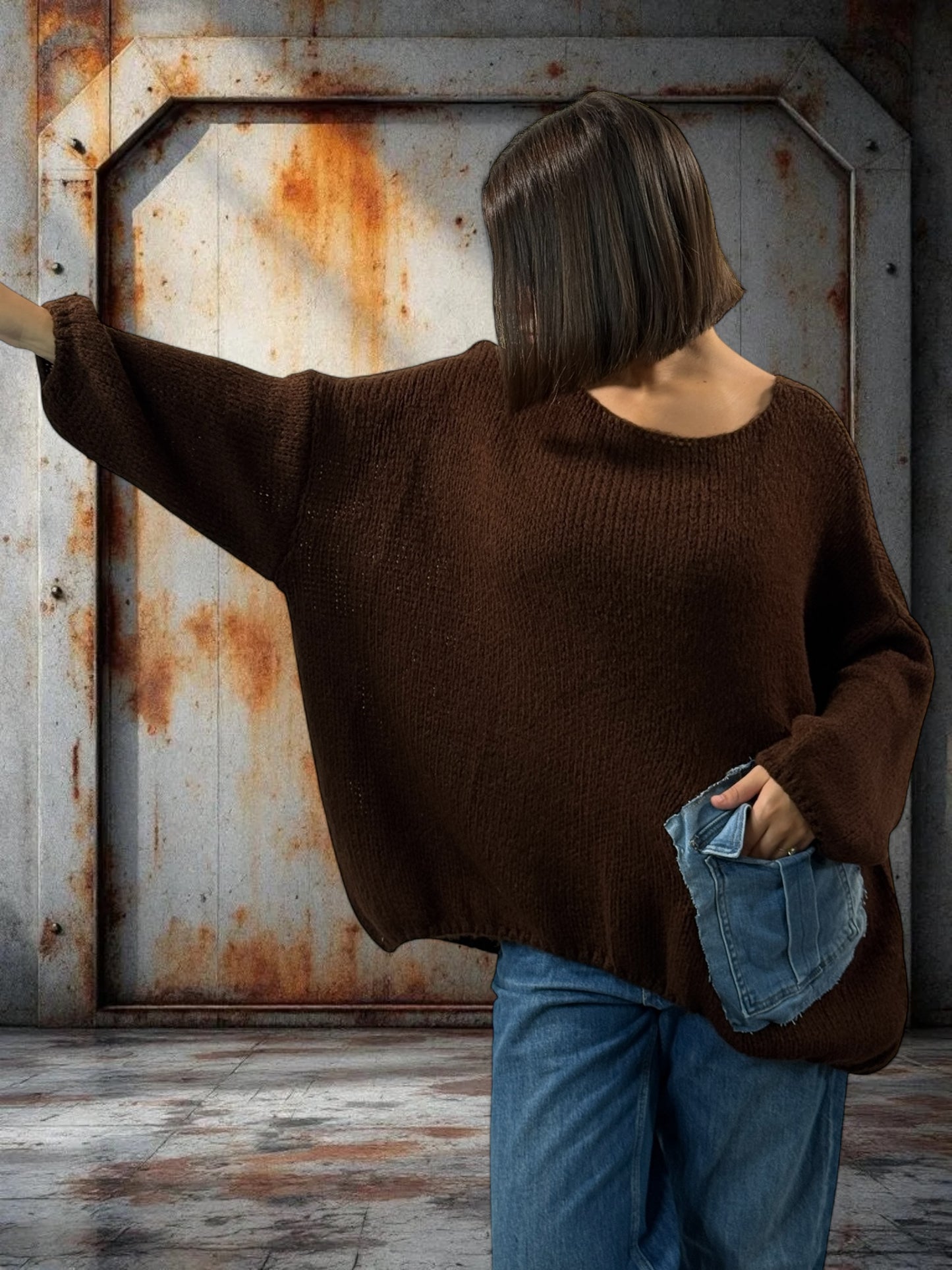 MICHOU - PULL OVERSIZE MARRON POCHE EN JEAN JUSQU'A LA TAILLE 56