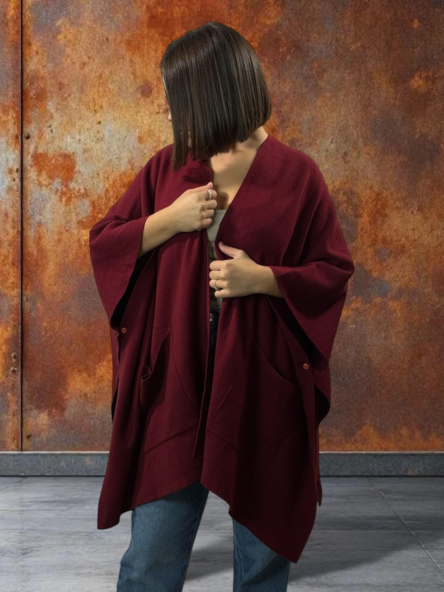 ADRIANA -GILET PONCHO BORDEAUX EN MAILLE JUSQU'A LA TAILLE 60