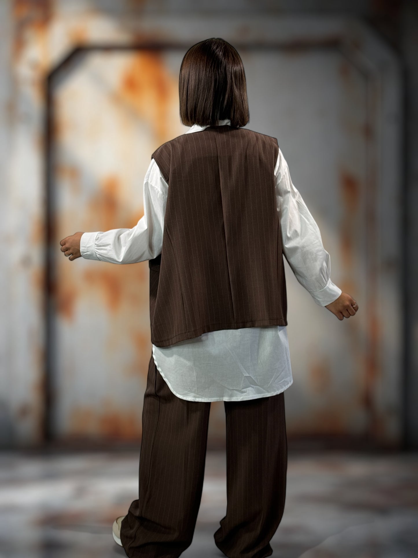 ADRIEN - GILET MARRON À RAYURE JUSQU'A LA TAILLE 48