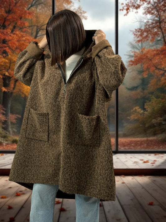 OCEANE - VESTE OVERSIZE MARRON A CAPUCHE JUSQU'A LA TAILLE 54/56