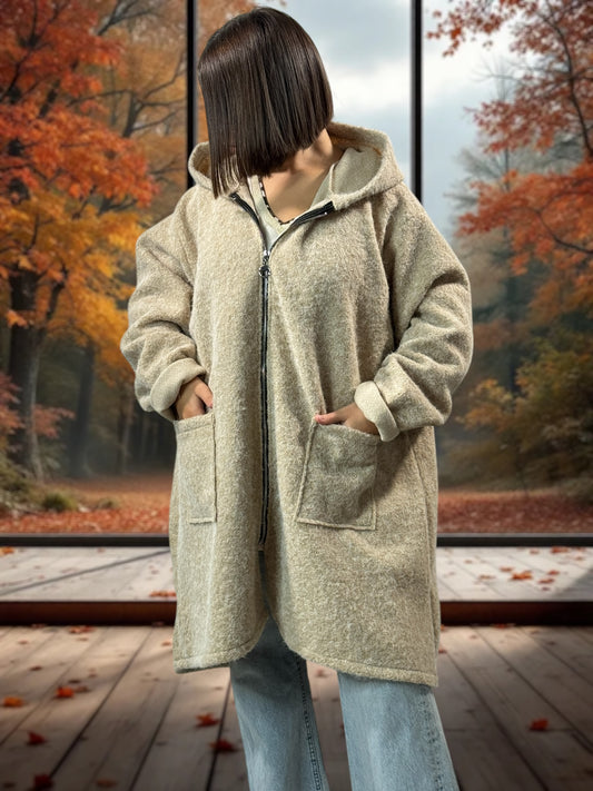 OCEANE - VESTE OVERSIZE BEIGE A CAPUCHE JUSQU'A LA TAILLE 54/56