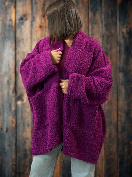 LILIROSE - VESTE OVERSIZE CYCLAMEN EN MOUMOUTE JUSQU'A LA TAILLE 56/58