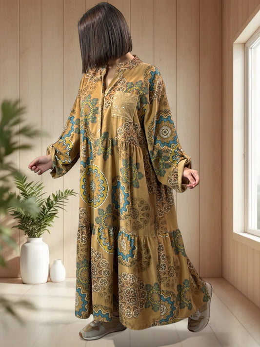 VANINA - ROBE CAMEL A MOTIF EN VELOURS JUSQU'A LA TAILLE 52