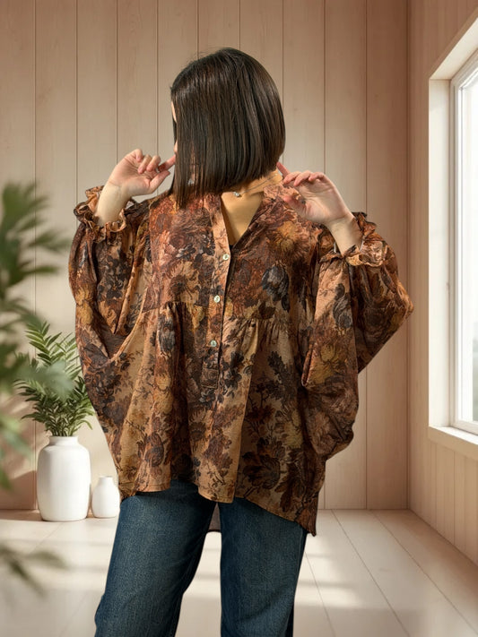 EDITH - BLOUSE MARRON A MOTIF JUSQU'A LA TAILLE 50/52