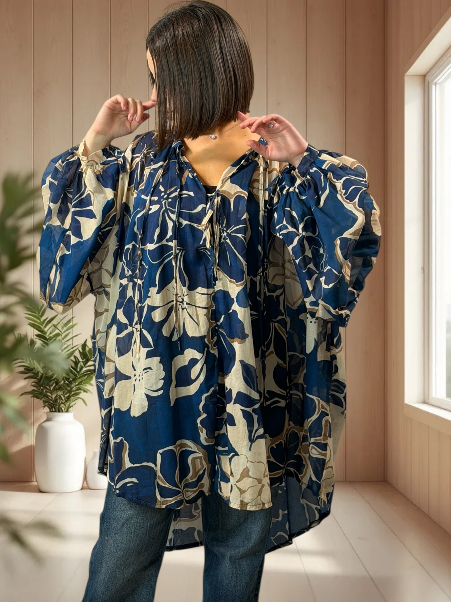 VICTORINE - TUNIQUE OVERSIZE EN COTON MOTIF MARINE JUSQU'A LA TAILLE 60