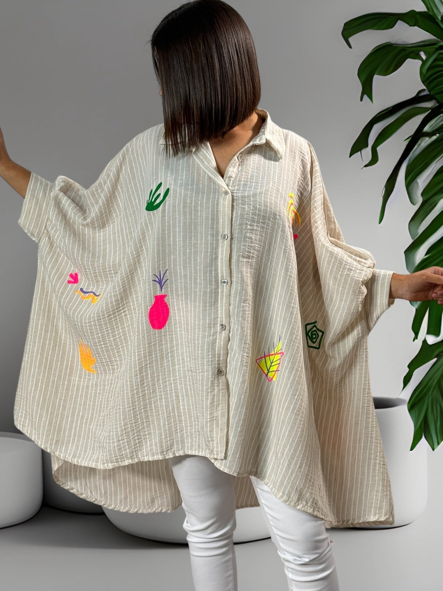 PAMPELONNE - TUNIQUE OVERSIZE A RAYURE BEIGE JUSQU'A LA TAILLE 56