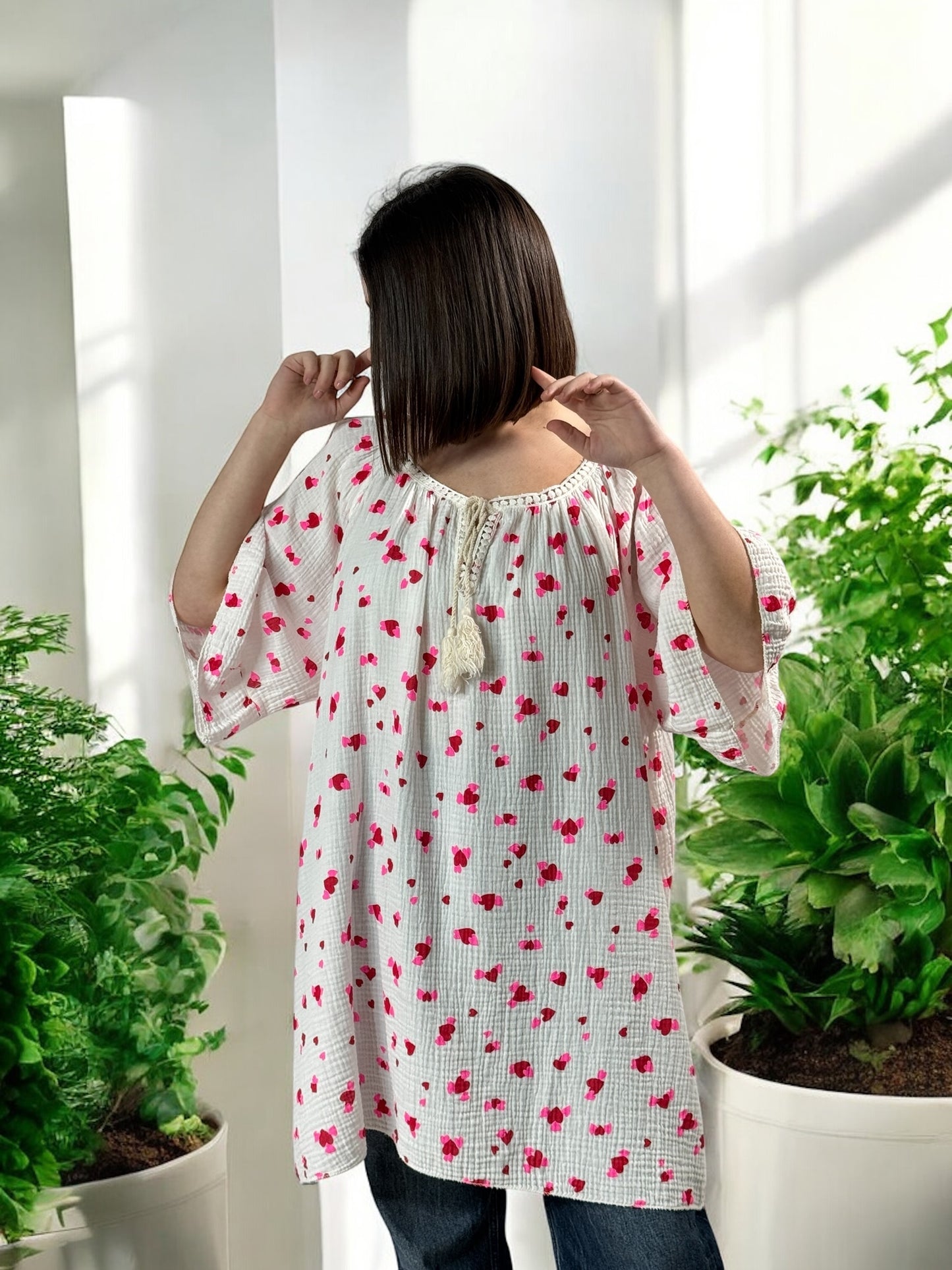 LUCIA - BLOUSE OVERSIZE COEUR ROUGE EN COTON JUSQU'A LA TAILLE 56