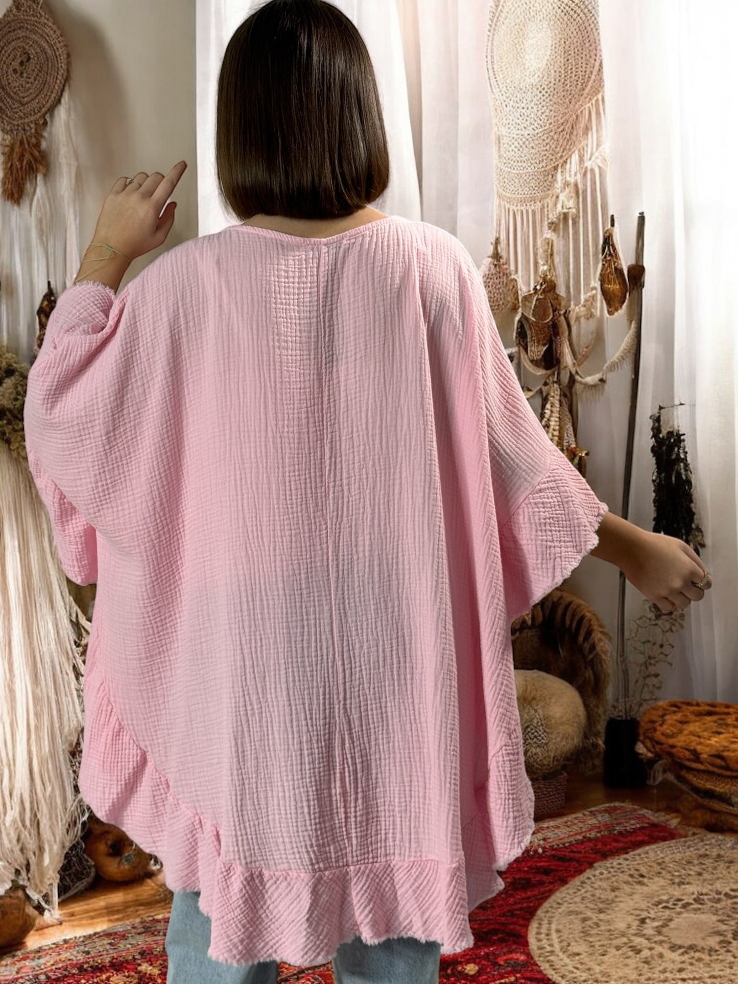 VICTOIRE - TUNIQUE OVERSIZE ROSE EN GAZE DE COTON JUSQU'A LA TAILLE 52/54