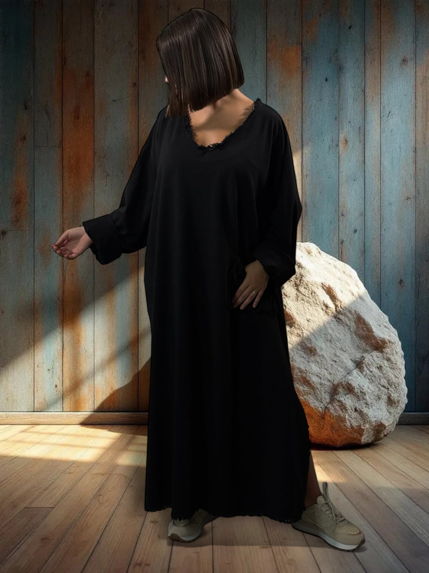 SALOME - ROBE OVERSIZE NOIR POCHE LEOPARD JUSQU'A LA TAILLE 58