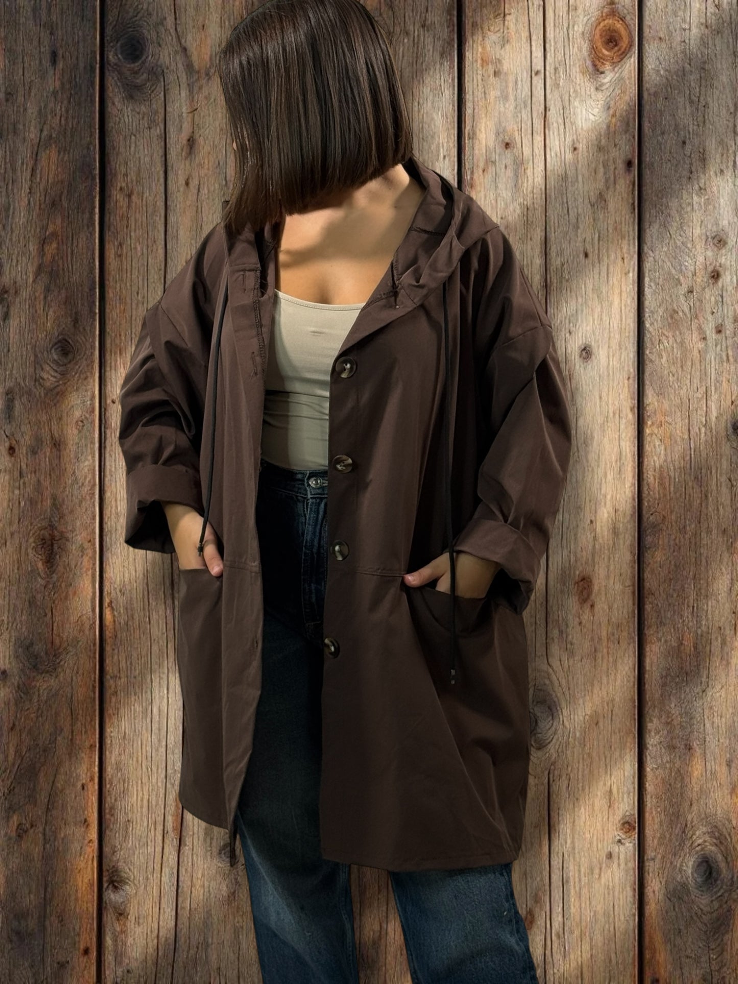 DORIAN - VESTE TRENCH MARRON OVERSIZE A CAPUCHE JUSQU'A LA TAILLE 56