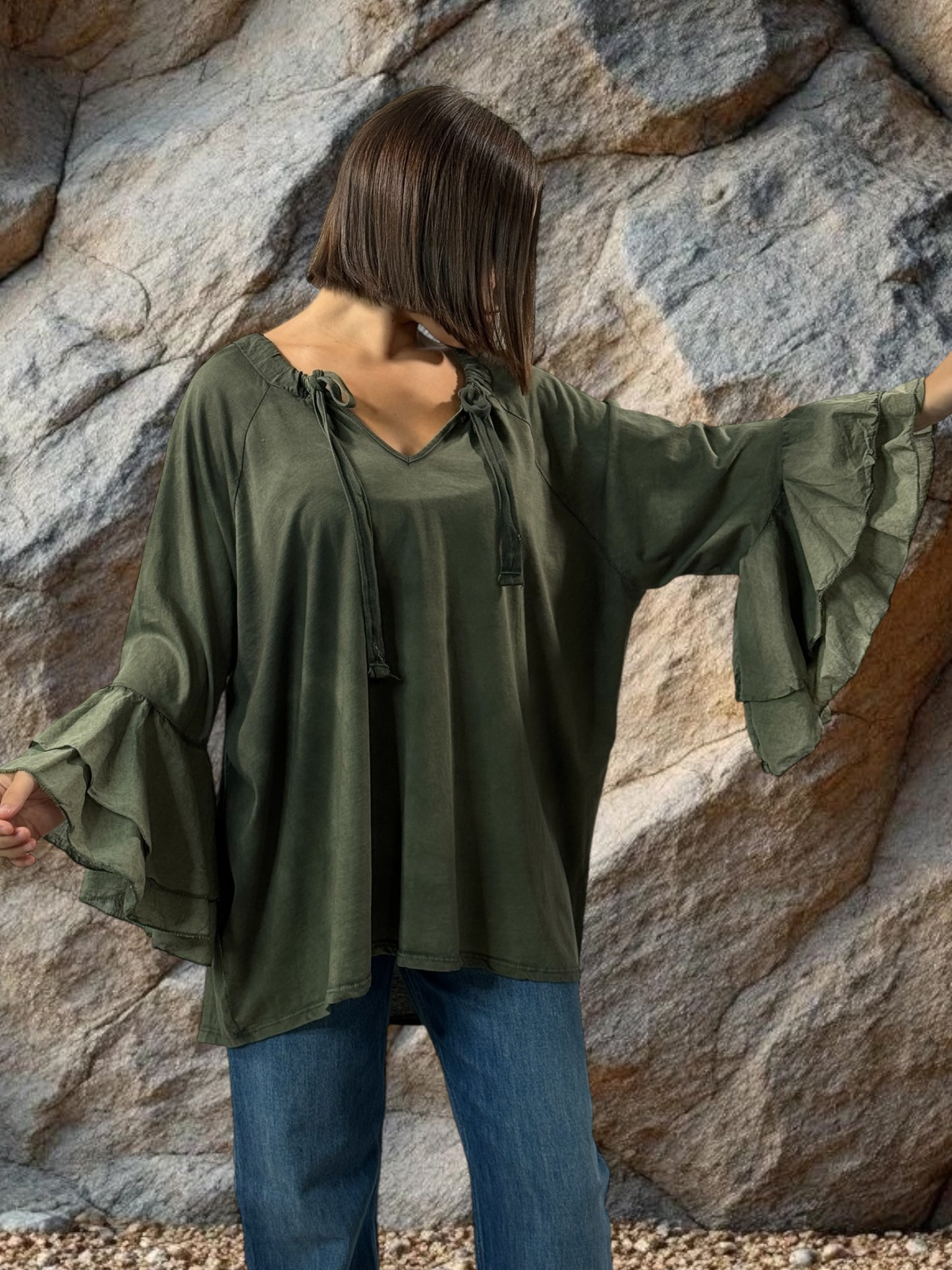 EMILIE - BLOUSE KAKI EN COTON OVERSIZE JUSQU'A LA TAILLE 52