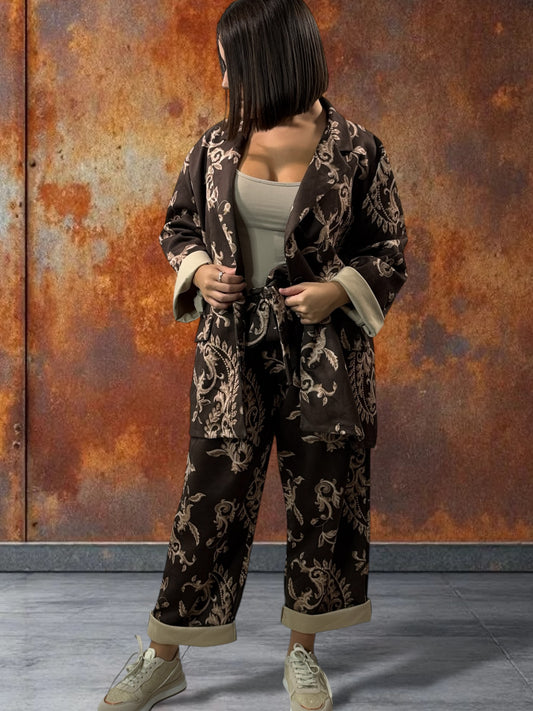 KEVIN - PANTALON MARRON A MOTIF EN SUEDINE JUSQU'A LA TAILLE 52