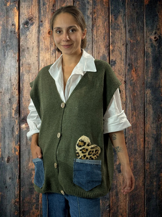 GIANNI - GILET KAKI SANS MANCHE POCHES EN JEAN JUSQU'A LA TAILLE 52