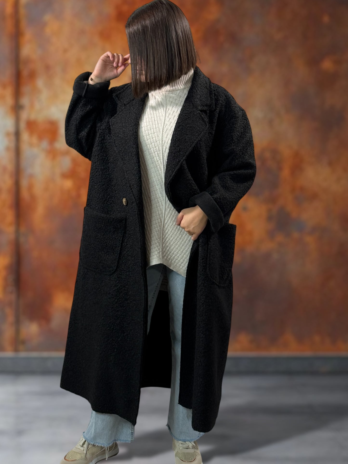 JULIEN - LONG MANTEAU NOIR EN BOUCLETTE JUSQU'A LA TAILLE 50/52