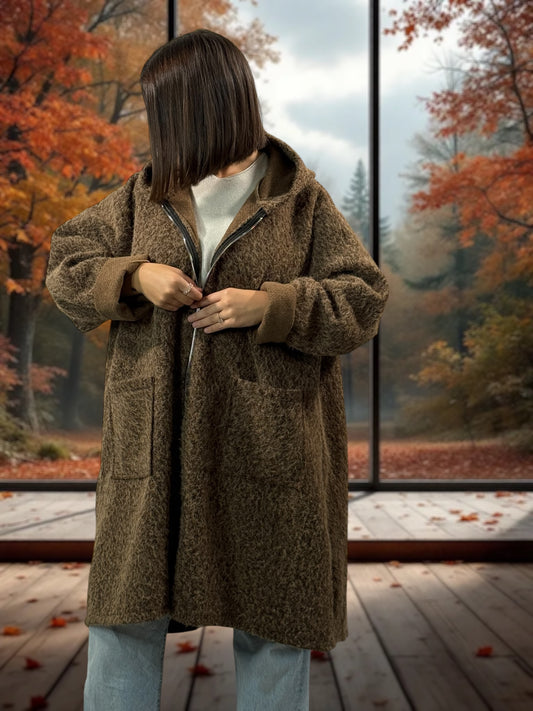 OCEANE - VESTE OVERSIZE MARRON A CAPUCHE JUSQU'A LA TAILLE 54/56