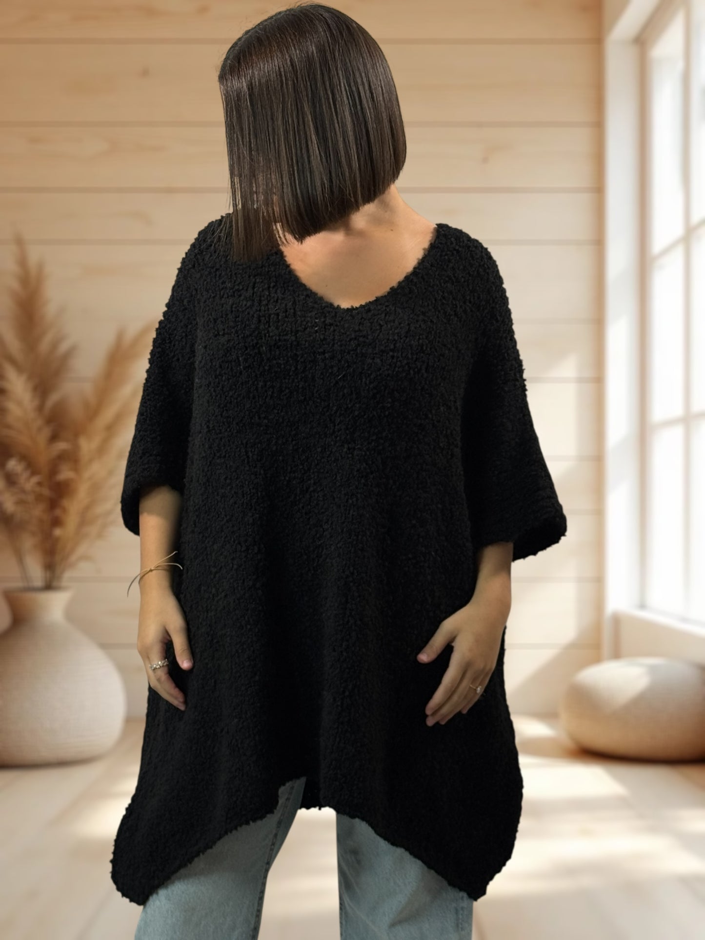 CAMILLE - PULL NOIR OVERSIZE JUSQU'A LA TAILLE 58