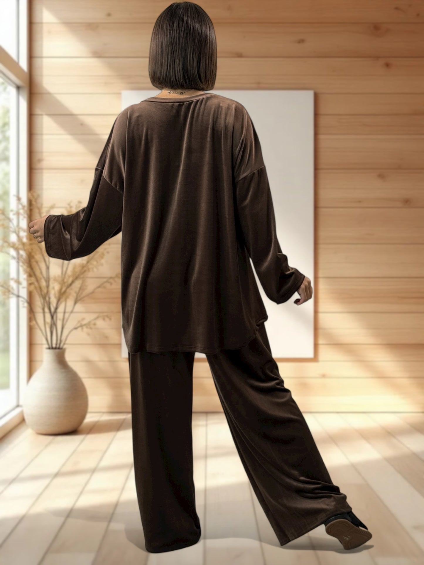 UMBERTO - ENSEMBLE MARRON EN VELOURS STRETCH JUSQU'A LA TAILLE 52/54