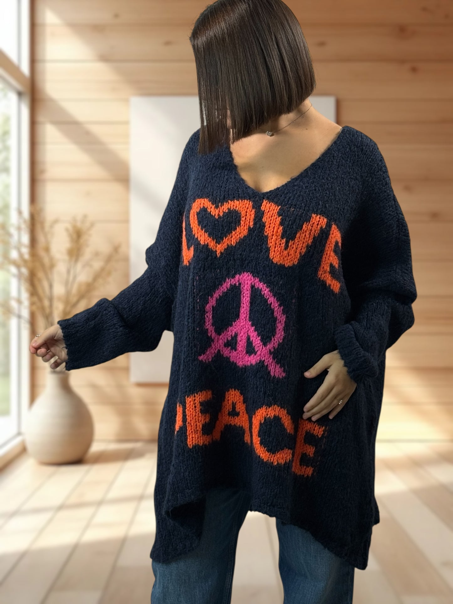 LUCKY - PULL MARINE OVERSIZE PEACE & LOVE JUSQU'A LA TAILLE 56/58