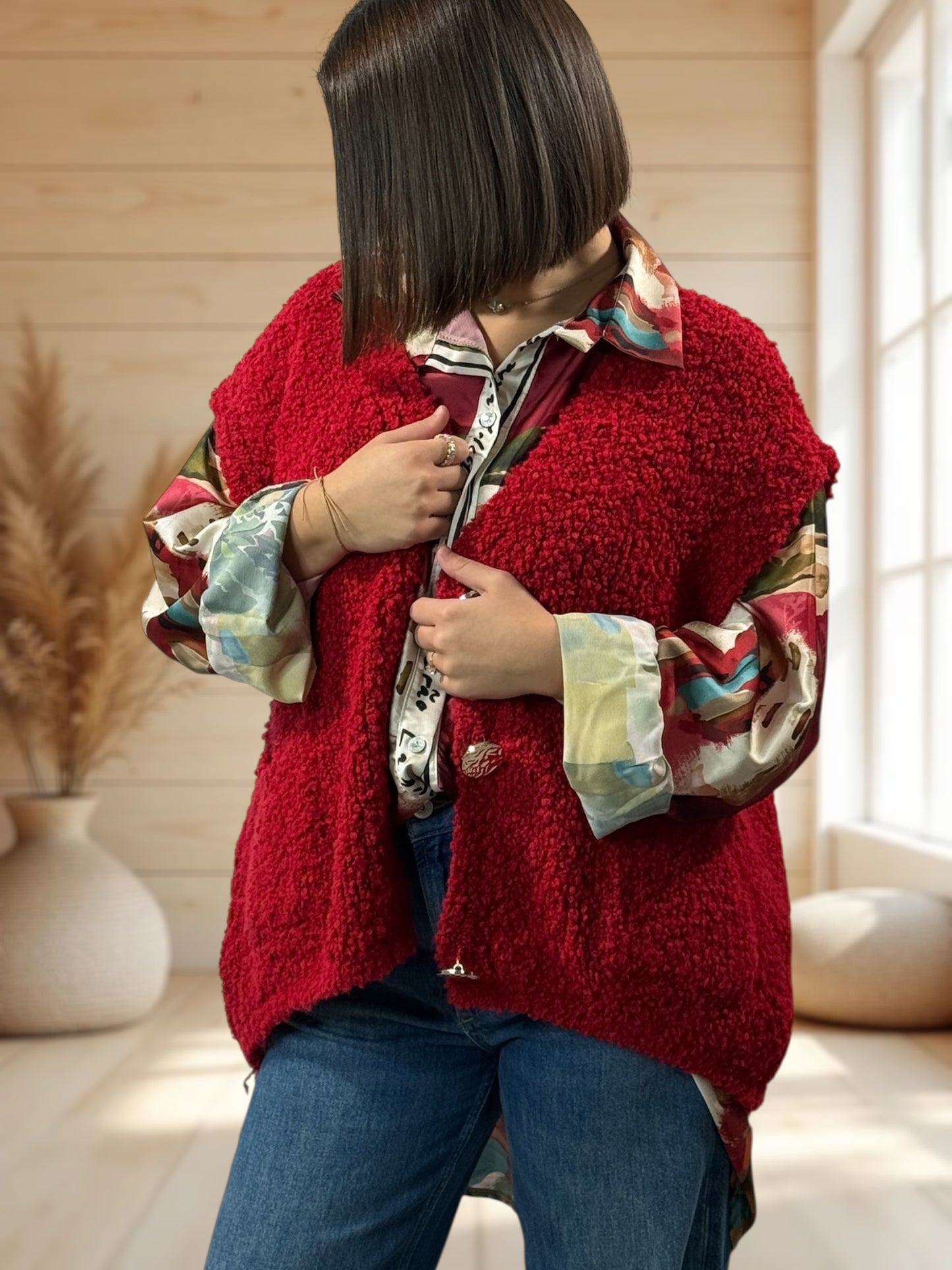 NICO - GILET ROUGE SANS MANCHES 2 POCHES JUSQU'A LA TAILLE 56