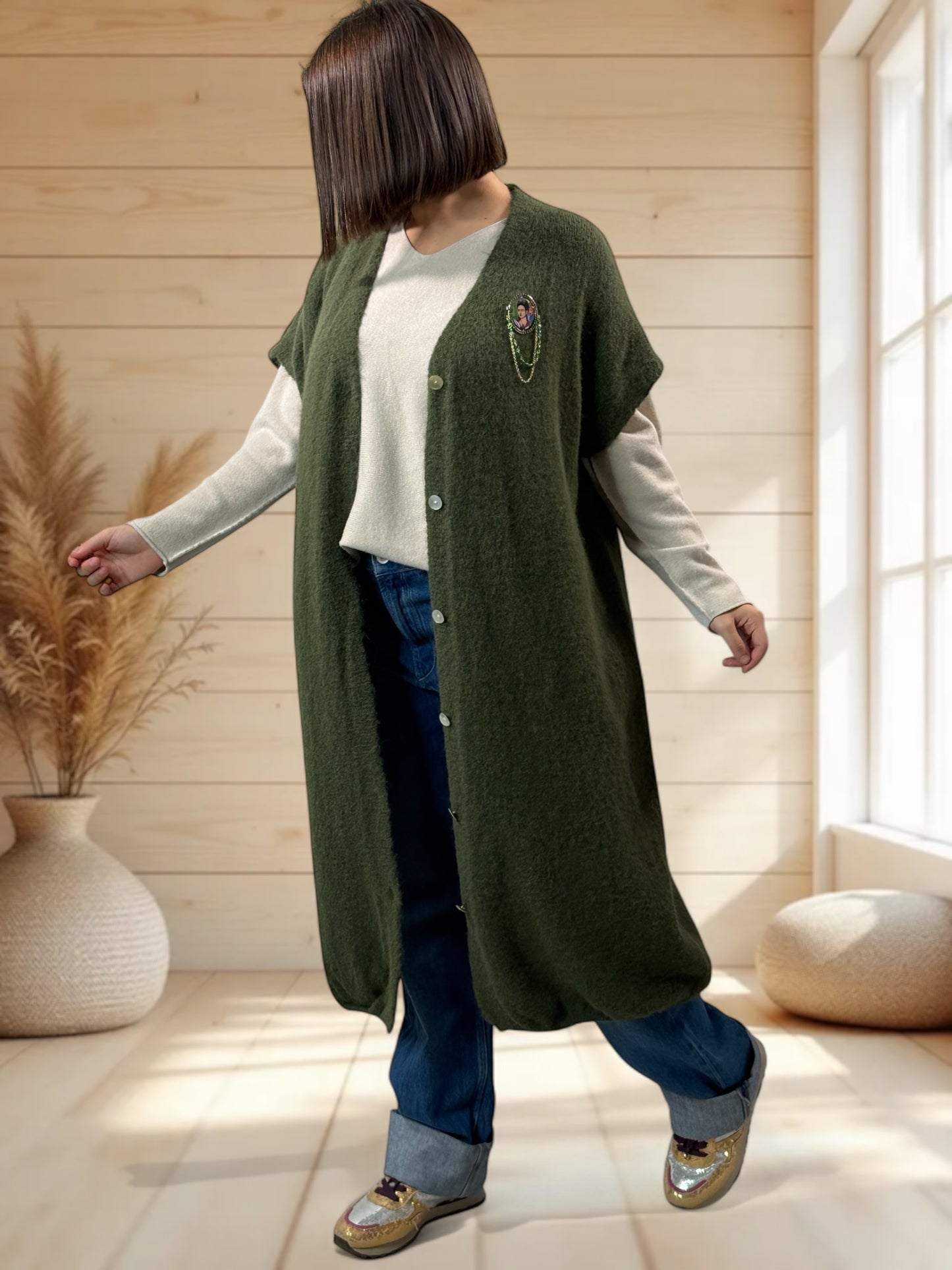 UGO - LONG GILET OVERSIZE KAKI JUSQU'A LA TAILLE 56/58