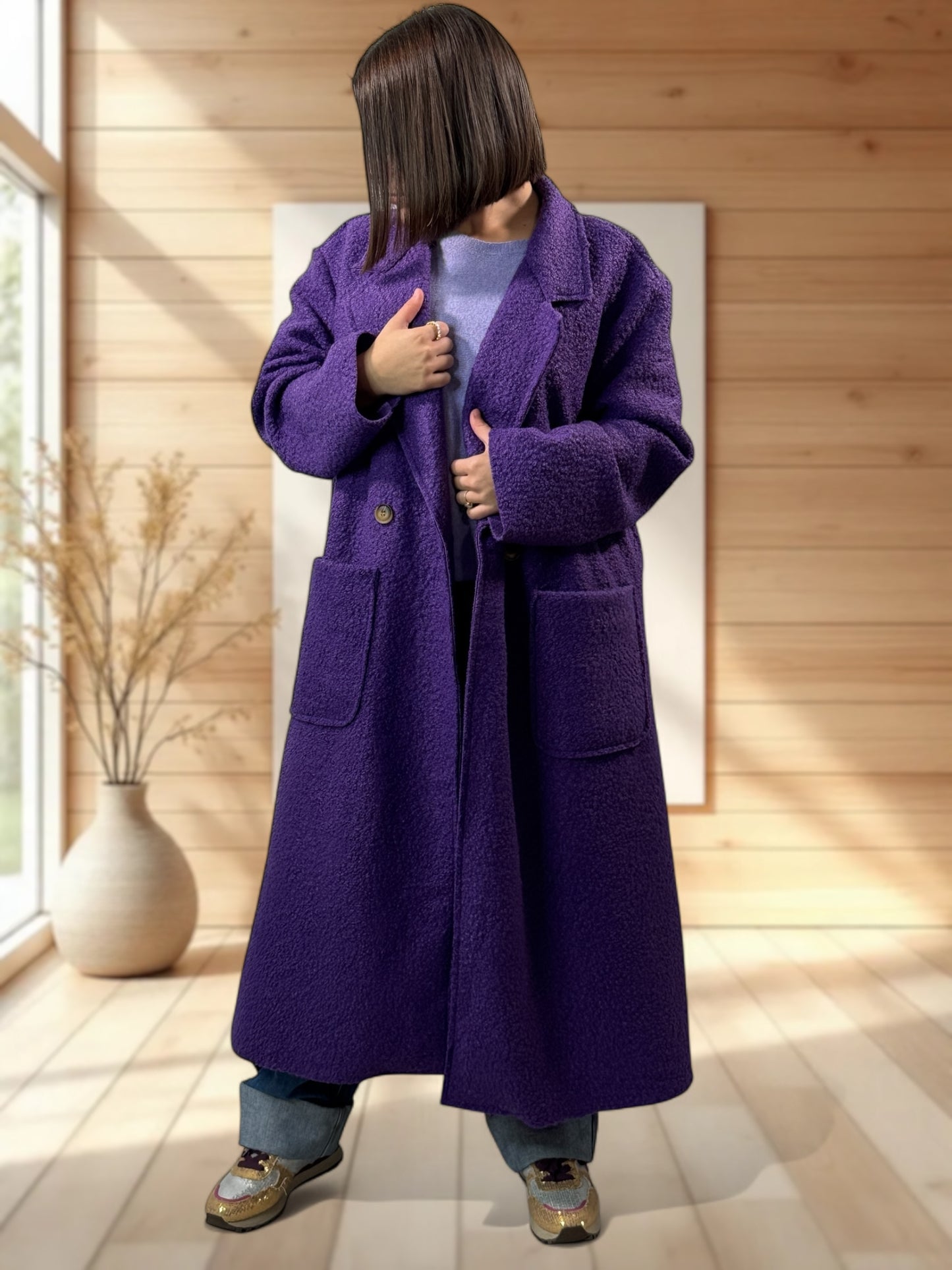 JULIEN - LONG MANTEAU VIOLET EN BOUCLETTE JUSQU'A LA TAILLE 50/52