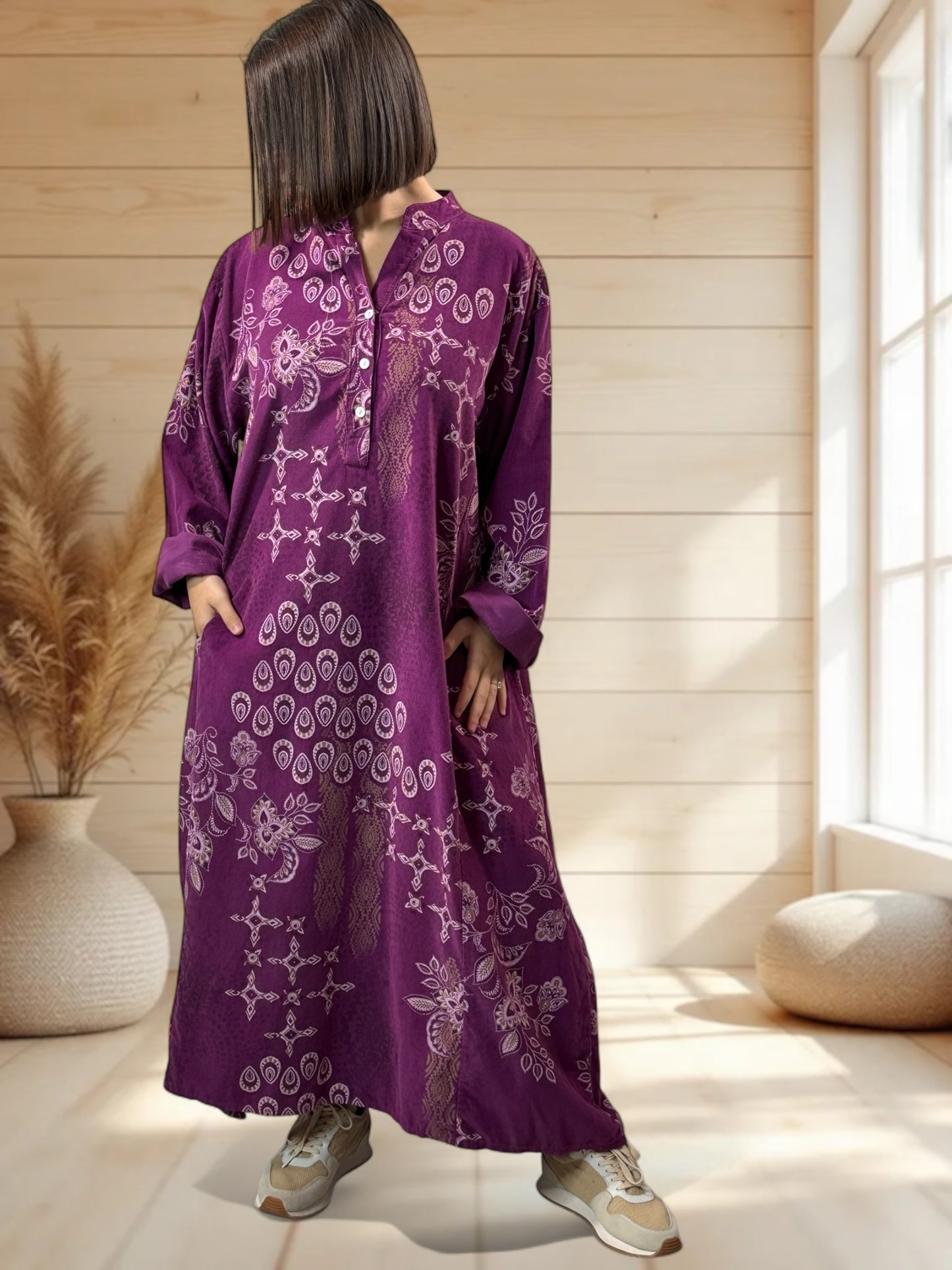 VERONE - ROBE CYCLAMEN A MOTIF EN VELOURS JUSQU'A LA TAILLE 52